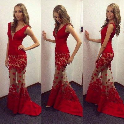 Sexy Red V-Neck MermaidProm Dresses Sheer Skirt long Lace_3