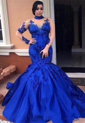 Royal-Blue Long-SleeveProm Dress | Mermaid Lace Evening Gowns_1