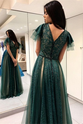 Green A-line Short Sleeves Prom Dresses | V-Neck Lace Prom Dresses_3