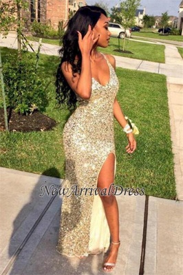 Split Long Sheath Champagne V-neck Sparkly Sexy Sequined Prom Dresses_1