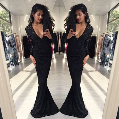 Sexy V-neck Lace Black Long Sleeve Mermaid Prom Dress_3