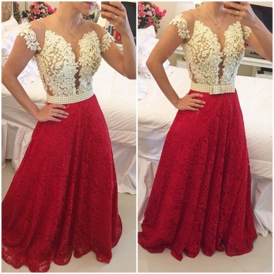 A-Line Short Sleeves Lace Prom Dresses Deep V-Neck illusion Beaded Party Dresses BT00_2