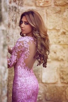 Lilac Long Sleeves Mermaid Prom Dresses Sheer Lace Backless Sexy Evening Gowns_2