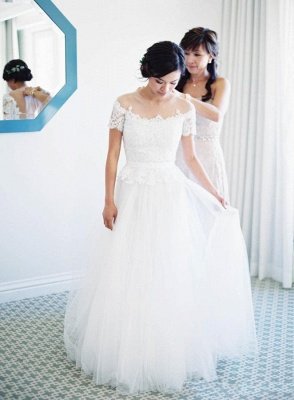 Short Sleeve Floor Length New Arrival Lace Appliques Vintage Tulle Princess Wedding Dresses_2