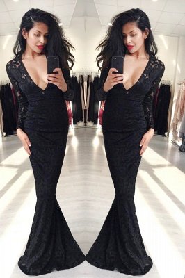 Sexy V-neck Lace Black Long Sleeve Mermaid Prom Dress_1