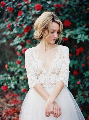 V-Neck Half Sleeve Lace Summer Wedding Dress Elegant Tulle A-Line Bridal Gowns_1