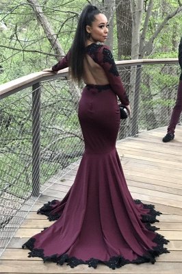 Long Mermaid Long Sleeve Prom Dresses | Appliques Open Back Formal Dresses with Beads SK0041_3