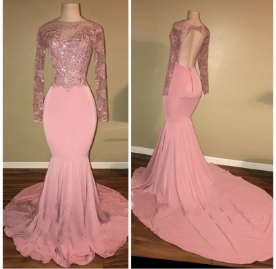 Open Back Long Sleeve Beaded Lace Appliques Pink Shiny Mermaid Prom Dresses_3