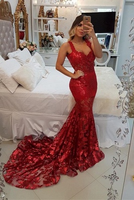 Modesto vestido de noche de tren de barrido de sirena con tirantes rojos | Vestido de fiesta de encaje_1