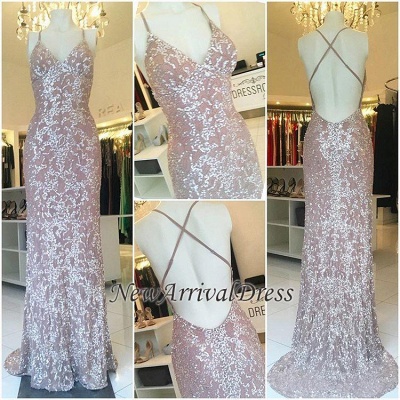 Elegant Luxurious Sweep Train Sheath Sequins Spaghetti Straps Evening Gowns_1