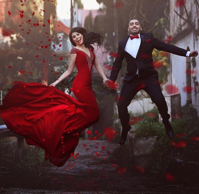 Glamorous Cal Sleeves Beadings Rotes AbendkleidMeerjungfrau-Abschlussball-Kleid im Angebot_3