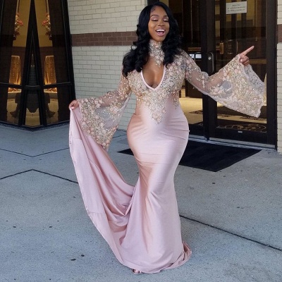 Delicate High Neck Lace Mermaid Long Sleeve Prom Dress | Plus Size Prom Dress_3