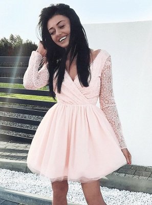 Newest Long Sleeve A-line V-neck Lace Short Homecoming Dress_6