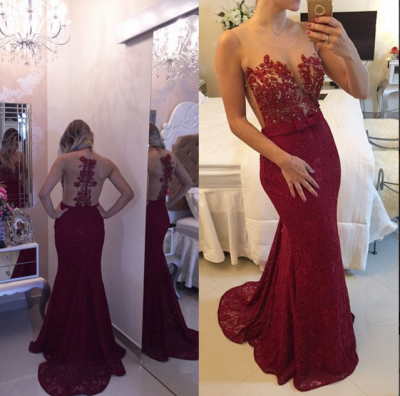 Burgundy Lace Applique Beading Mermaid Prom DressesSheer Tulle New Evening Gowns BT00_2