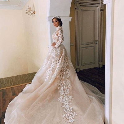 Gorgeous Sheer Tulle Lace Appliques Wedding Dresses | Long Sleeve High Neck Bridal Gowns with Court Train_3