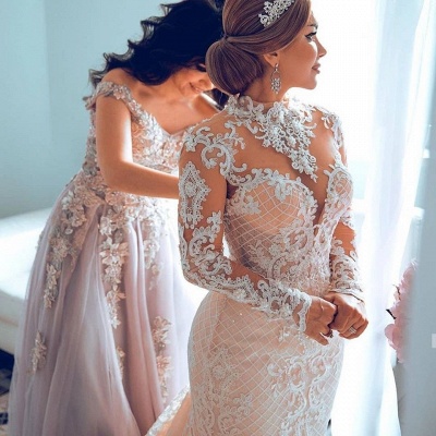 Gorgeous Sheer Tulle Lace Appliques Wedding Dresses | Long Sleeve High Neck Bridal Gowns with Court Train_2