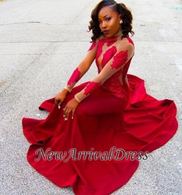 Red Lace Appliques Long-Sleeve High-Neck Sheath Poprlar Prom Dress_1