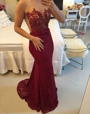 Burgundy Lace Applique Beading Mermaid Prom DressesSheer Tulle New Evening Gowns BT00_1