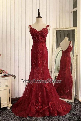 Tulle Mermaid Burgundy Prom Dresses Appliques Open Back Dresses Lace Evening Gowns_1