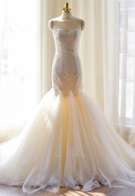 Gorgeous Beautiful Lace Appliques Tulle Mermaid Sweetheart Wedding Dresses_2