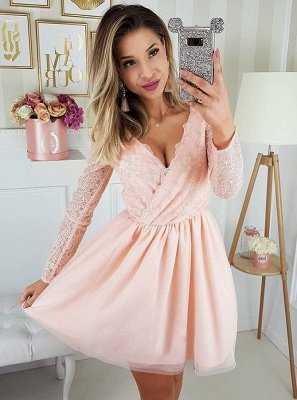 Newest Long Sleeve A-line V-neck Lace Short Homecoming Dress_3