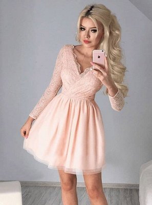 Newest Long Sleeve A-line V-neck Lace Short Homecoming Dress_5