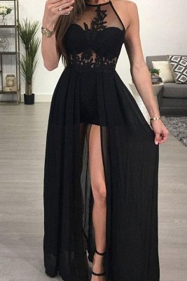 Sexy Halter A-Line vestidos de baile | Vestidos de noche negros con abertura frontal_1