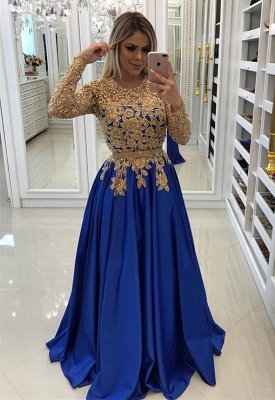 Modern Royal Blue & Gold Lace Formal Dress | Long Sleeve Party Gowns_1