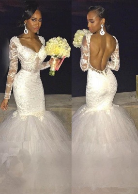 Mermaid Long Sleeve Beautiful Lace Open Back Wedding Dresses_2