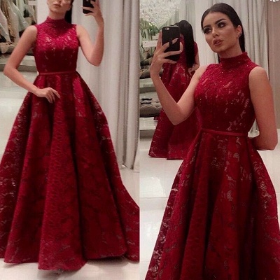Newest Lace High Neck Red A-line Long Prom Dress_3