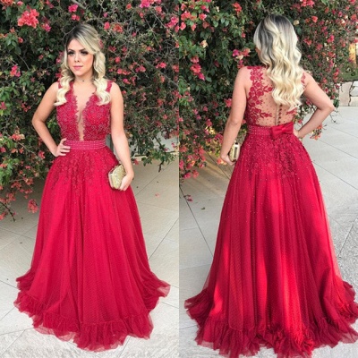 Vestido de noche de encaje rojo sin mangas con listones largo BMT BA7607_5