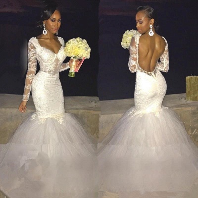 Vestidos de novia con espalda abierta de encaje hermoso de manga larga de sirena_3