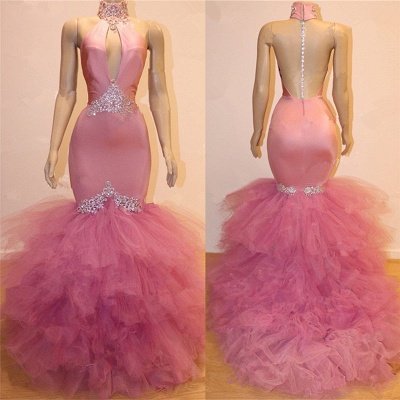 High Neck Sexy Keyhole Tüll Mermaid Pink Abendkleid | Ärmellose Perlen Kristalle Günstige Abendkleid 2021 BC1555_3