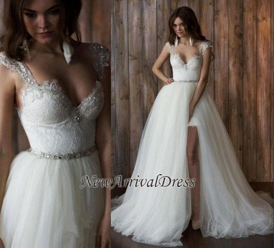 Cap Sleeve Sexy V-neck Crystals Detachable Tulle Overskirt Wedding Dresses_1