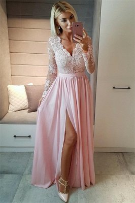Sexy Slit Long Sleeve Formal Dress Online |  Black Lace V-neck Prom Dresses FB0191_3