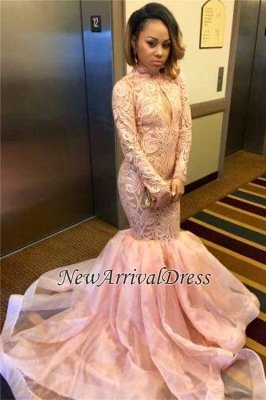 Keyhole Pink High-Neck Sexy Long-Sleeve Tulle Mermaid Prom Dress_1