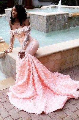 Glamorous Off-the-Shoulder Long Sleeves Lace Appliques Sexy Mermaid Sweep Train Prom Dresses_1