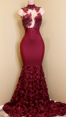 Modest High Neck Lace Flowers Prom Dresses  | Burgundy Prom Dresses_1