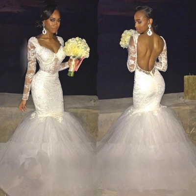 Mermaid Long Sleeve Beautiful Lace Open Back Wedding Dresses_3