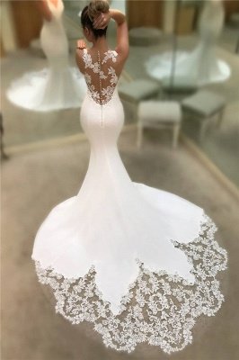 Mermaid Satin Lace Wedding Dresses  2021 | Sleeveless Sheer Back V-neck Bridal Gowns BC0578_1