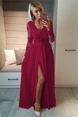 Sexy Slit Long Sleeve Formal Dress Online |  Black Lace V-neck Prom Dresses FB0191_5