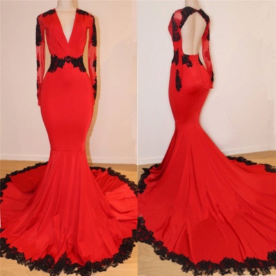 Open Back Red Prom Dresses mit schwarzen Spitzenapplikationen | V-Ausschnitt Langarm Sexy Mermaid Graduation Dress_3