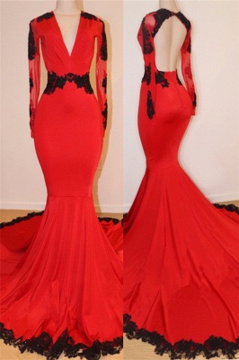 Open Back Red Prom Dresses mit schwarzen Spitzenapplikationen | V-Ausschnitt Langarm Sexy Mermaid Graduation Dress_1