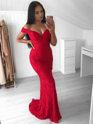Sexy Mermaid Lace Evening Gowns | Red Off-the-Shoulder Prom Dresses_1