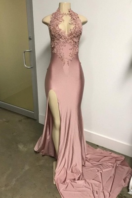 Elegant HalterEvening Dress | Lace Appliques Prom Dress With Split_1