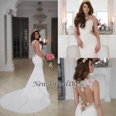 Illusion Sexy Lace Appliques Mermaid Modern Satin Wedding Dresses with Court Train_1