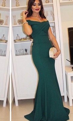 Dark Green Mermaid Evening Gowns Off the Shoulder Short Sleeves Ruched Long Formal Party Dresses_2