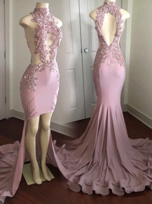 Modest High Neck Lace Appliques Prom Dresses  | Front Split Prom Dresses_1