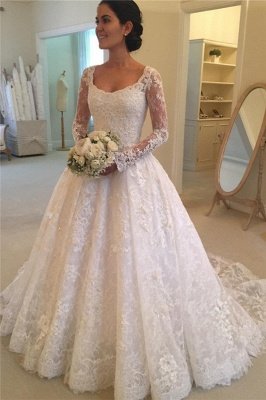 Long Sleeve Lace Elegant Wedding Dresses |  Ball Gown Wedding Dresses with Court Train_2