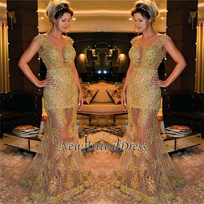 Lace-Appliques Sheer Gold Deep-V-Neck Sexy Prom Dresses_3